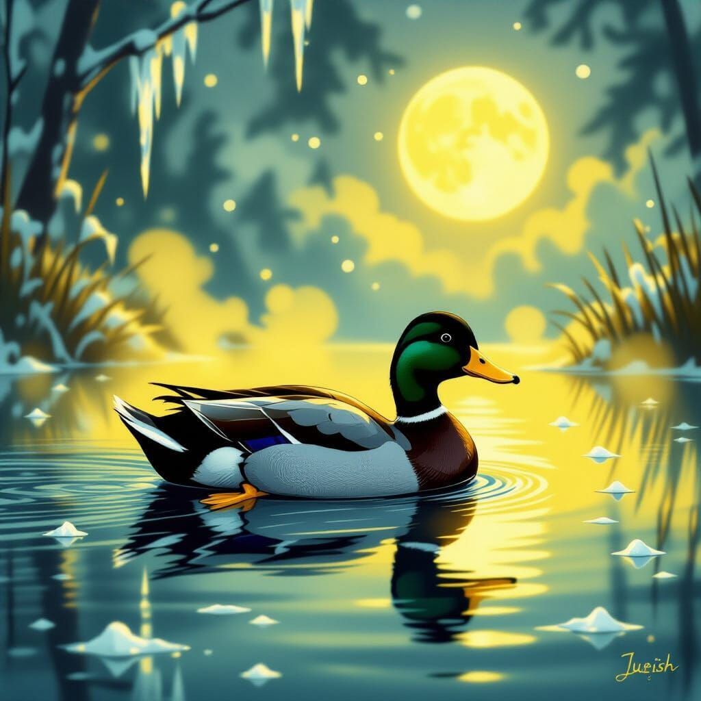 Duck Gliding Under Moonlight as Detailed Wildlife Art