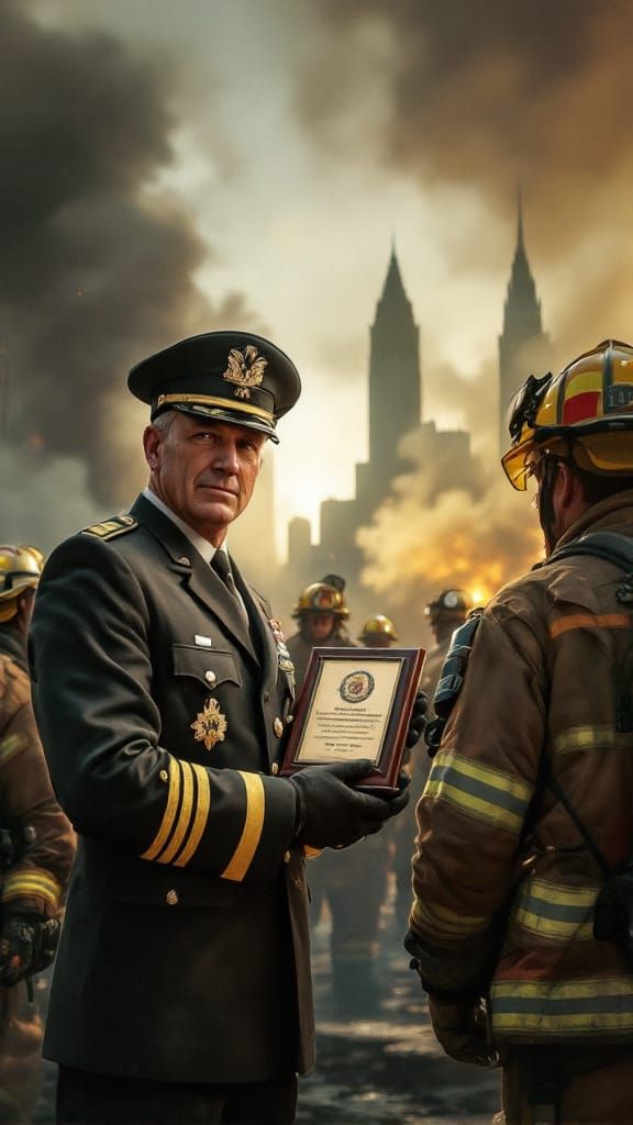 Commander Honors Firefighters After City Rescue, Cinematic A...