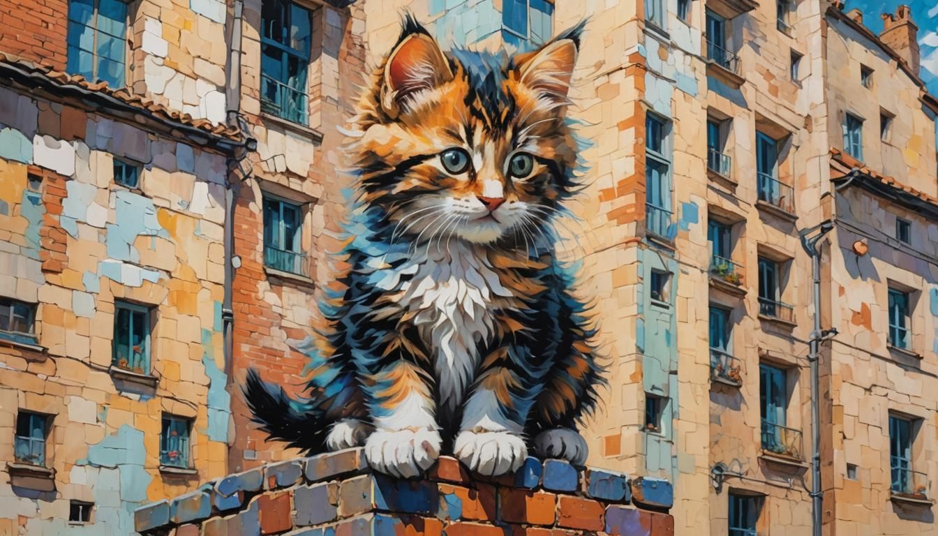 Gigantic Kitten Scratches Tiny City: Expressionist Oil Paint...