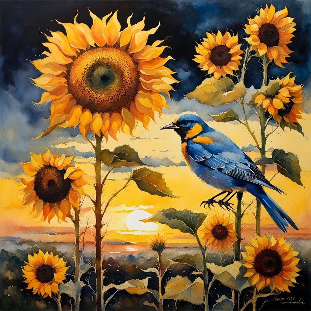 Sunflower and Bird at Sunset: Watercolor Painting