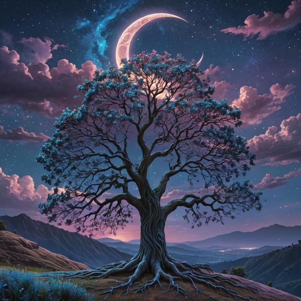 Holographic Night Tree Under Crescent Moon, Digital Art