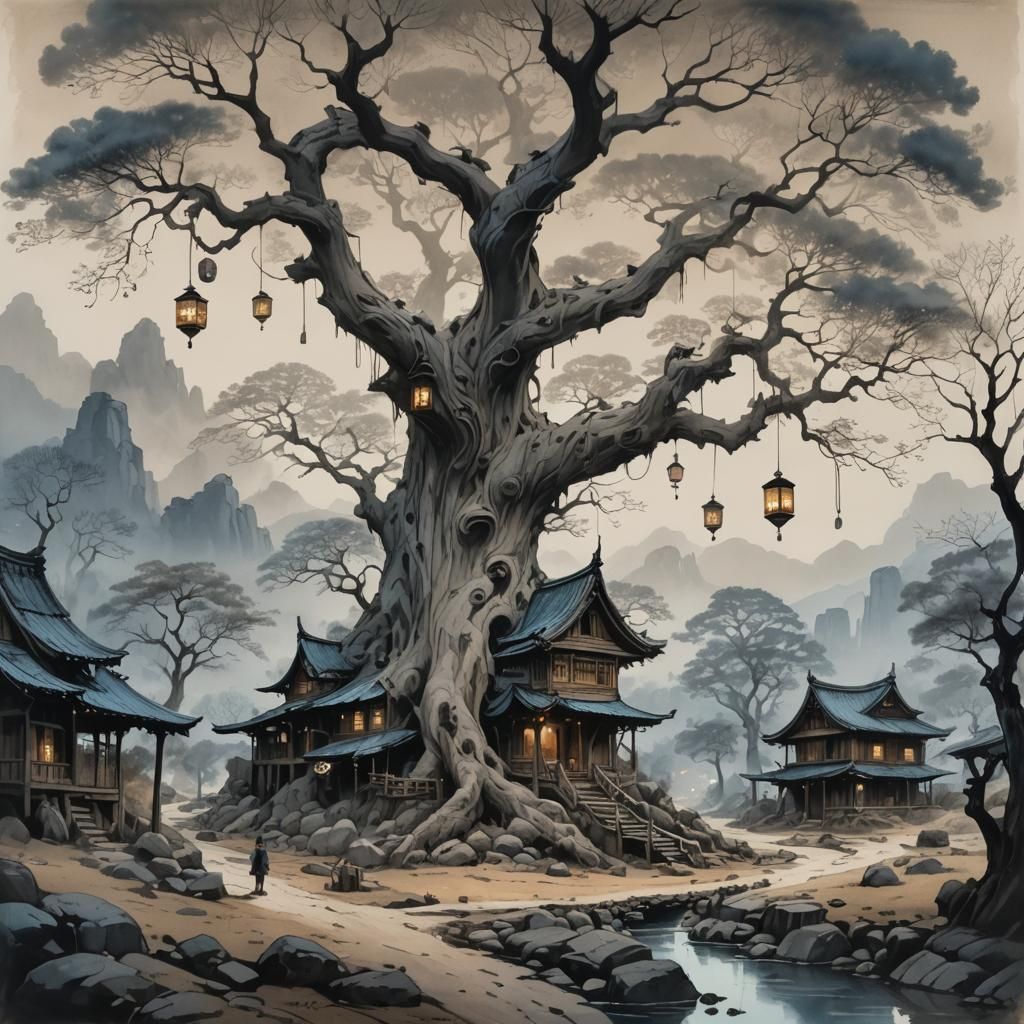 Ancient Tree House in Dreamlike Ink Wash Painting