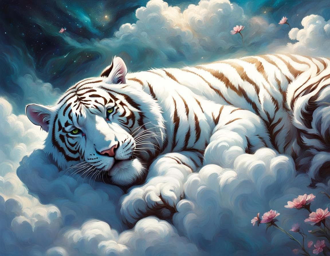 Ethereal White Tiger Asleep on Clouds: Dreamlike Art
