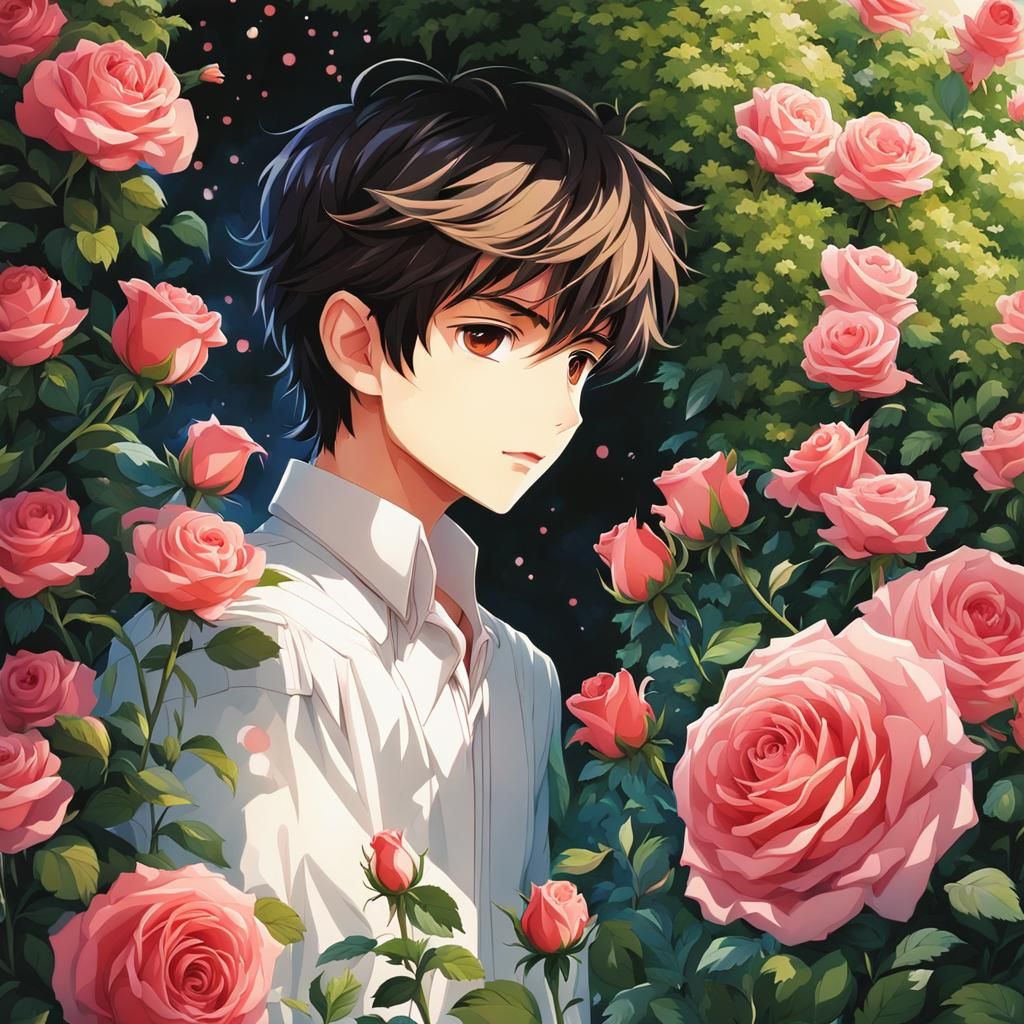 Anime Boy Prince Hiding in Rose Garden