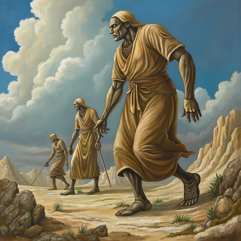 Colossal Giants Wander a Desolate Landscape in Search of a L...