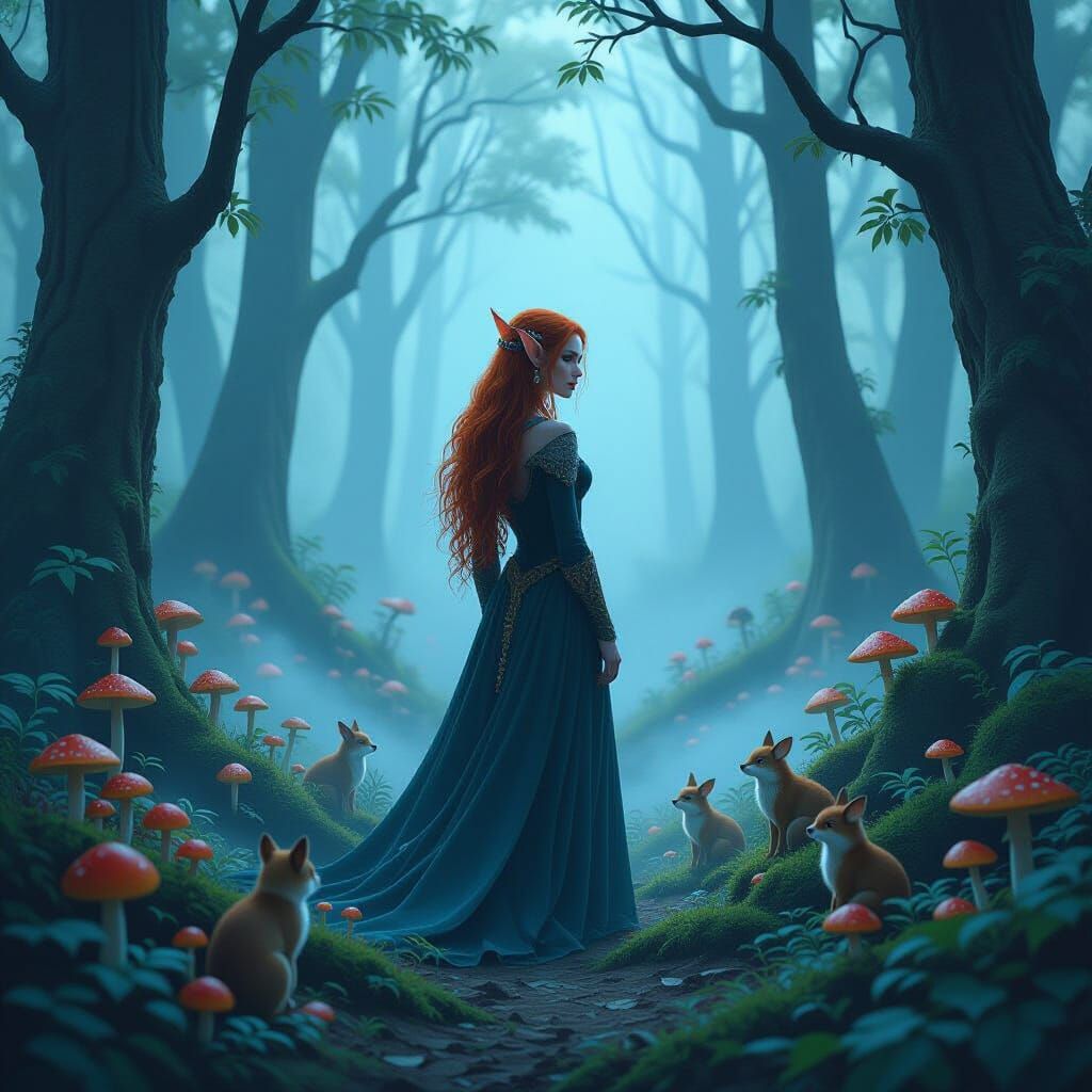 Wood Elf in Foggy Forest with Blue Aura