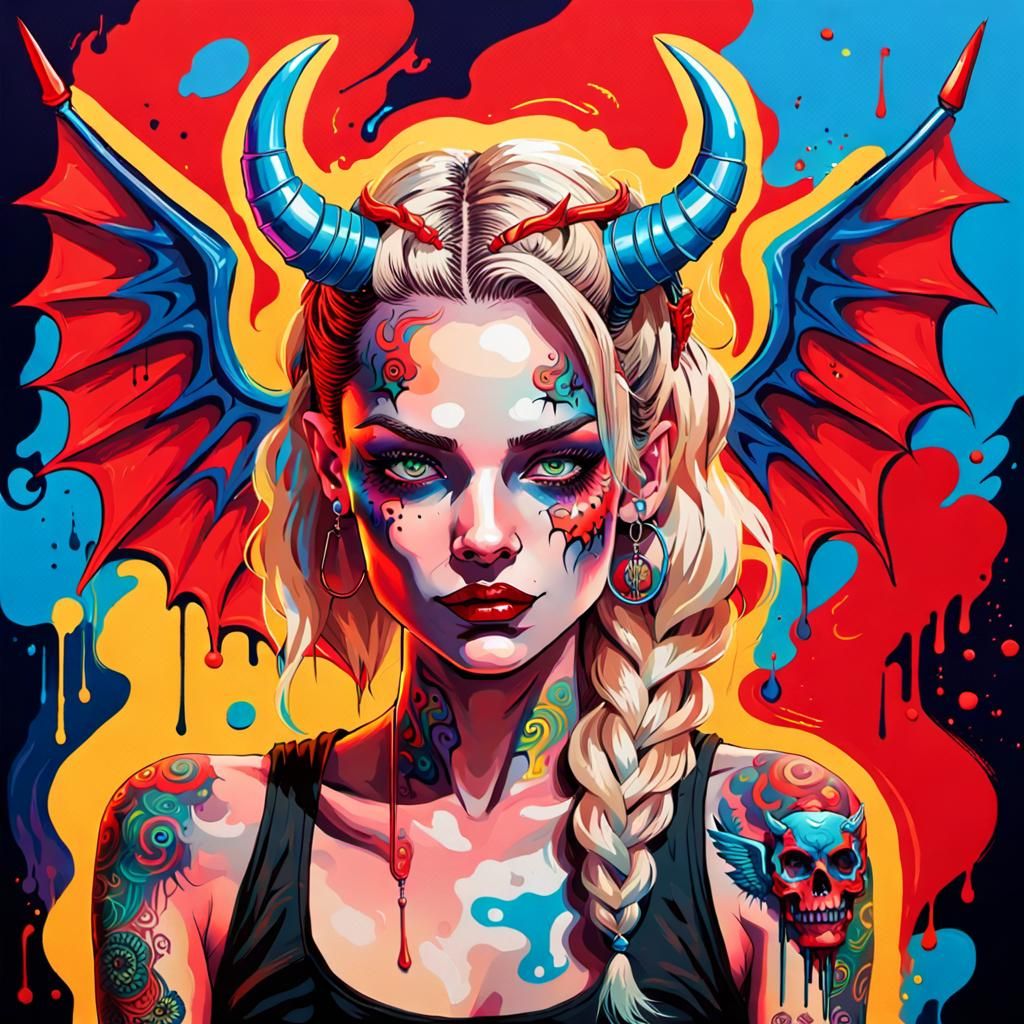 Picture perfect 
Long blonde braided hair with black highlights , stunning Temptress Demon , devil horns and wings , smi...