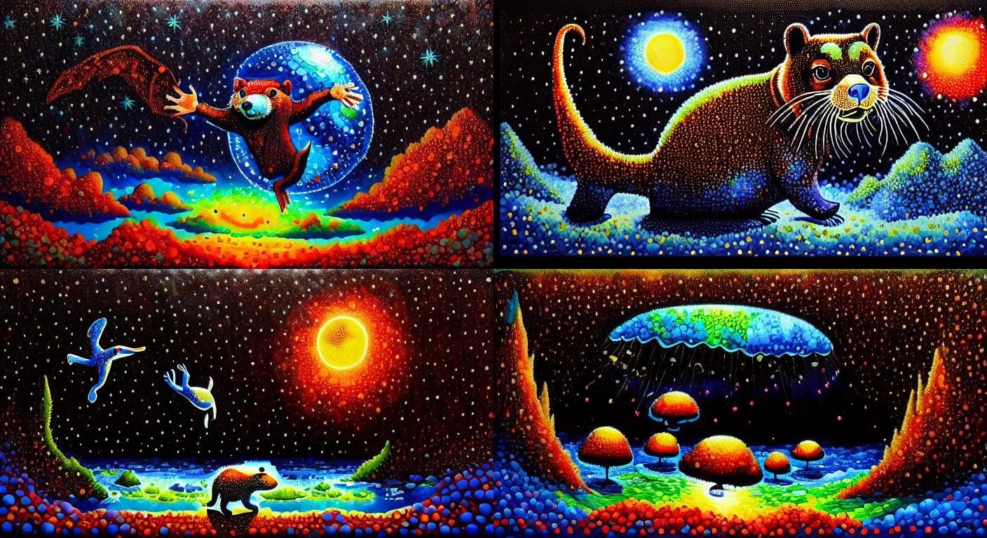 Otters in Love Reflecting Stars: A Pointillist River Scene
