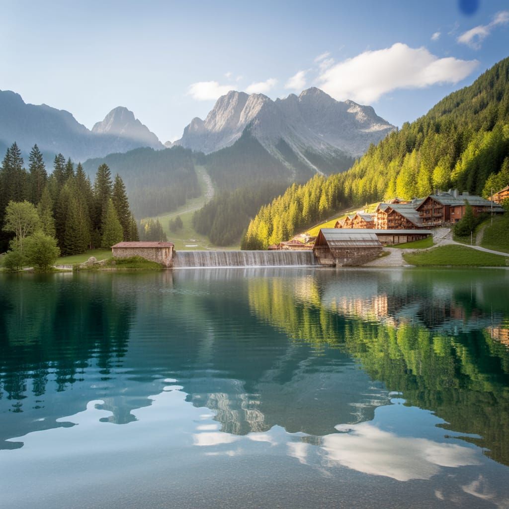 Serene Mountain Lake Reflection on Sunny Day
