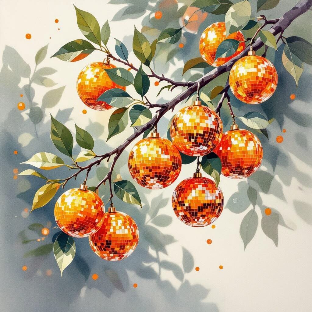 Disco Ball Fruits on Branch in Watercolor Style