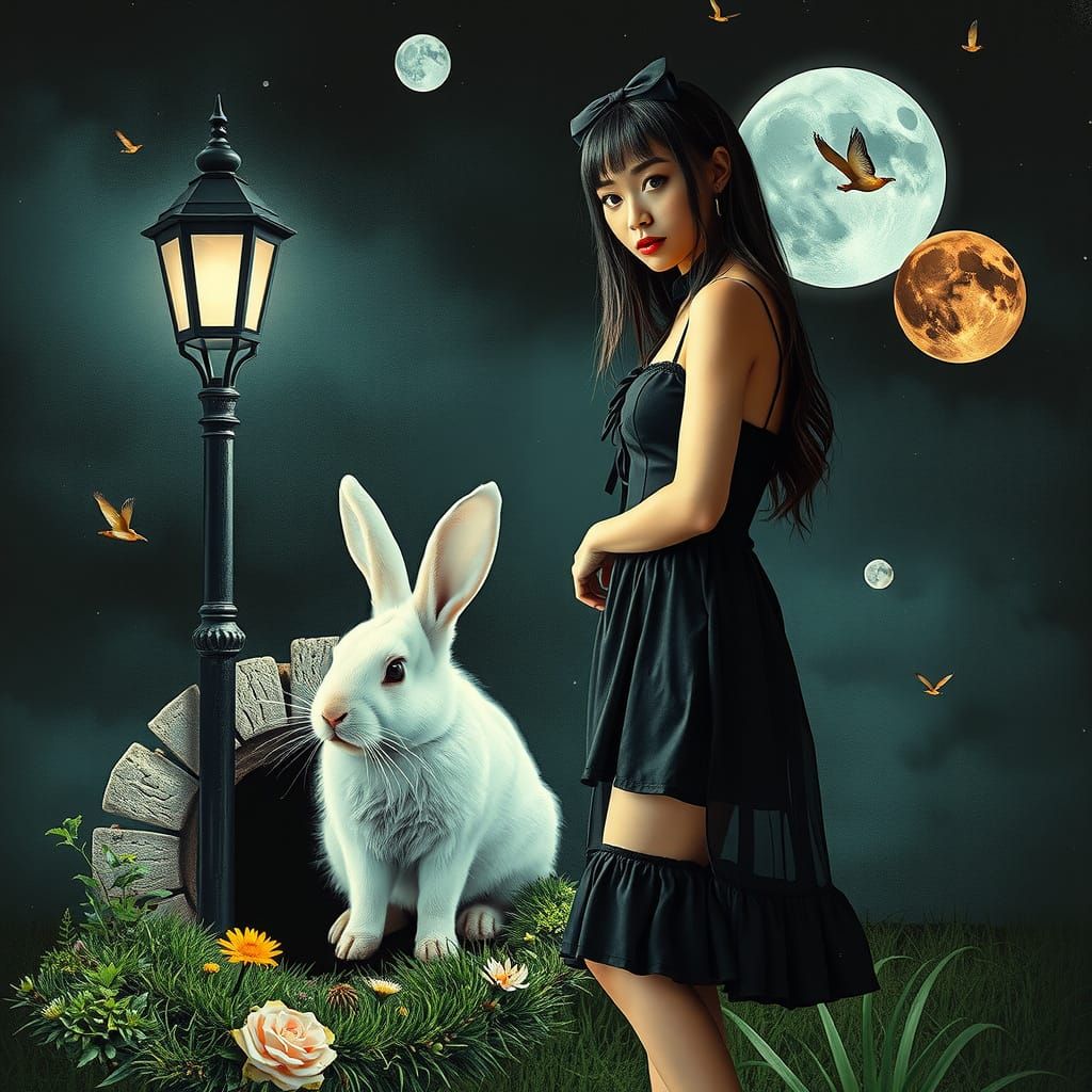 Street lamp and rabbit, collage