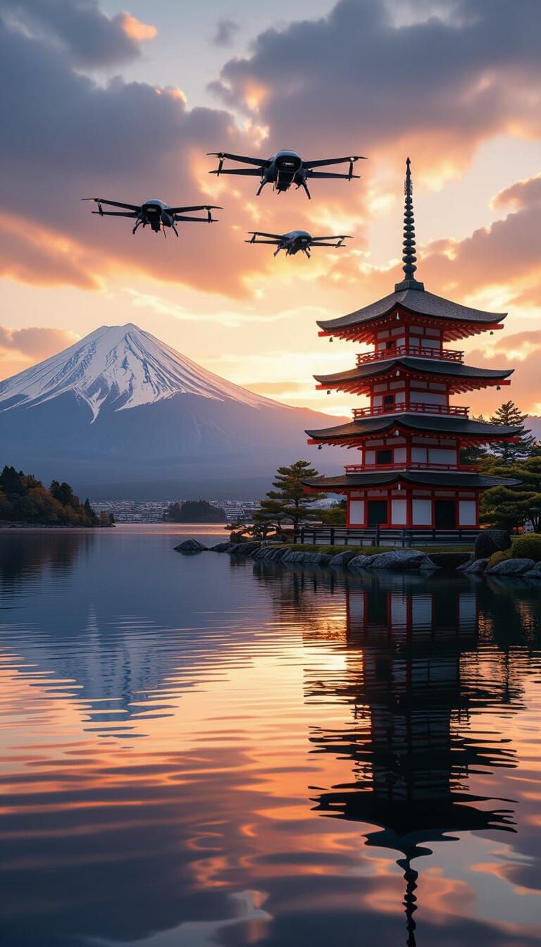 Japanese Pagoda Temple with Drones at Sunset