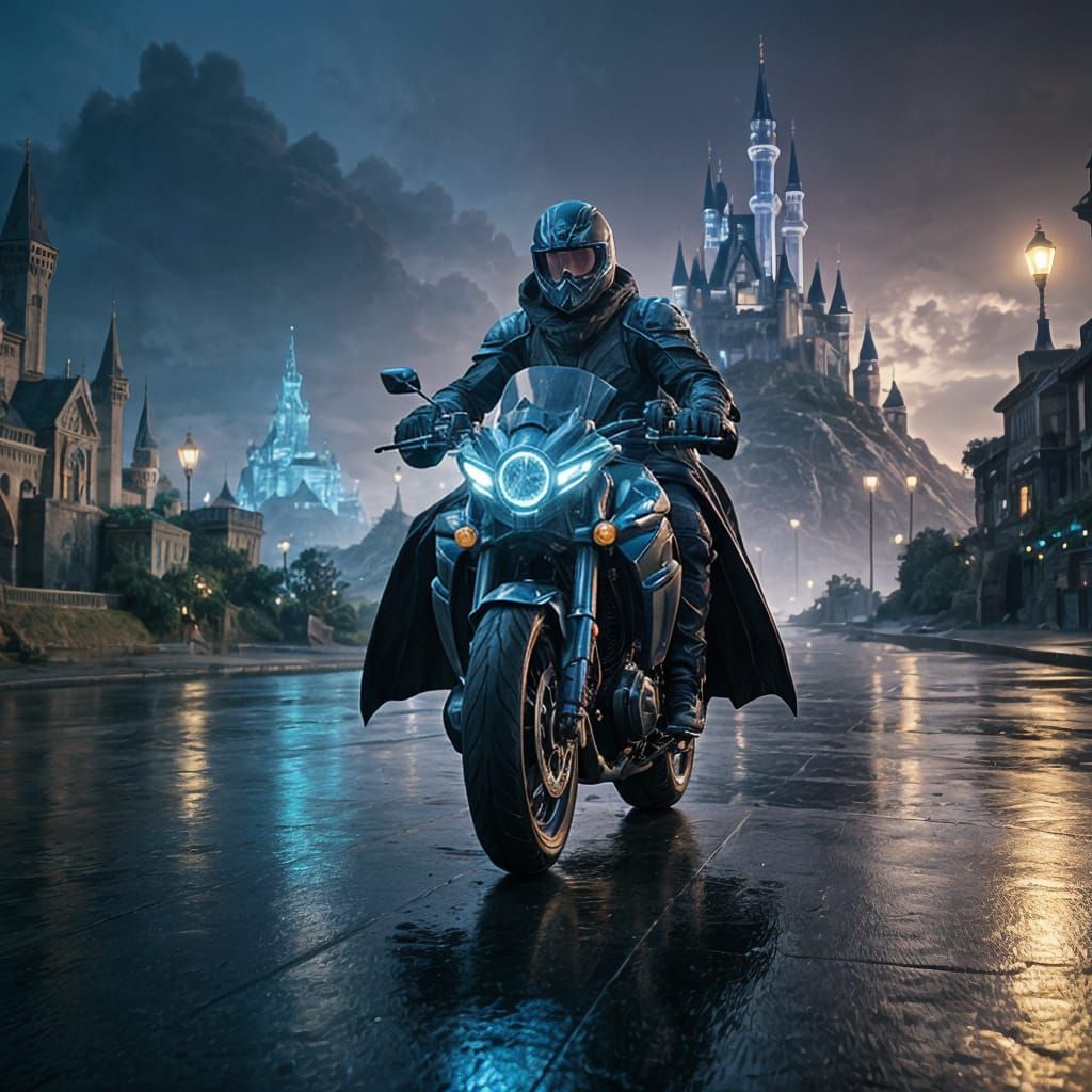 Futuristic Wizard on Motorcycle in Island City