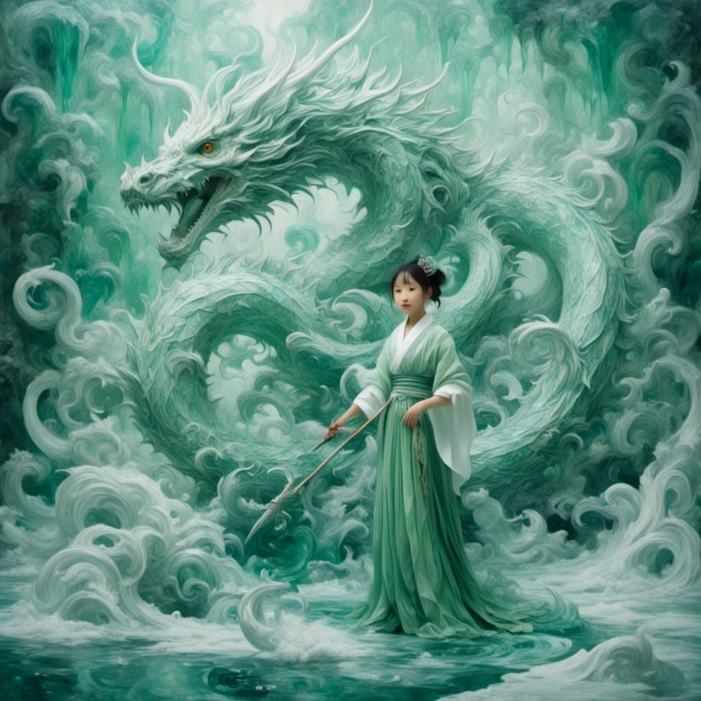 Girl with Spear and Dragon in Icy Landscape