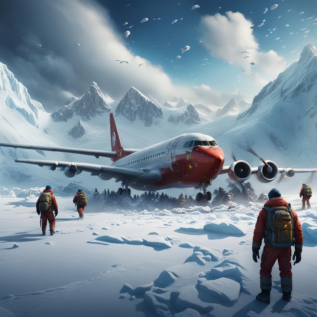 Plane Crash Survivors in Antarctica: Detailed Matte Painting