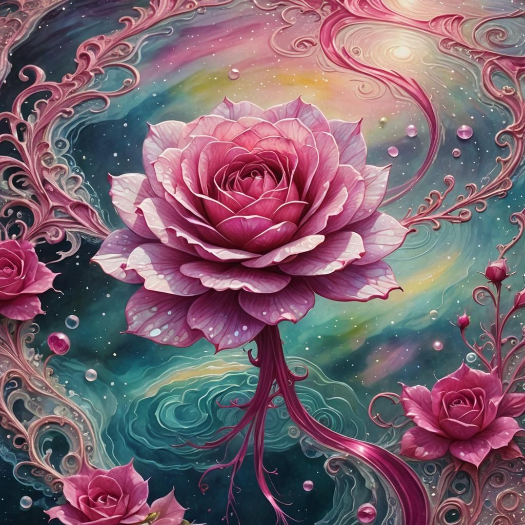 Rose Entity Reflected in Astral Pool: Holographic Fantasy Ar...