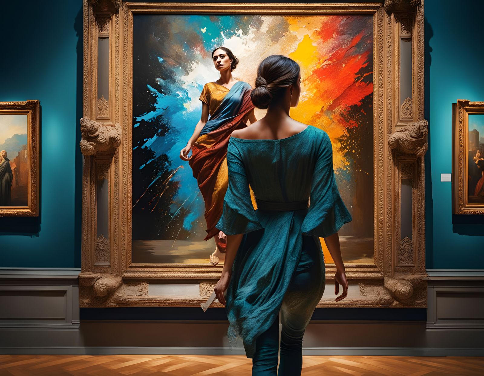 Woman Steps From Canvas Into Art Museum