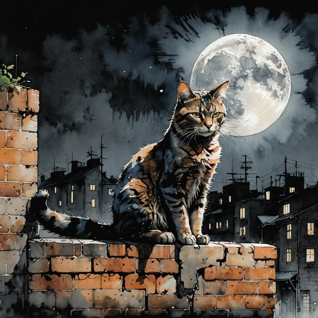 Alley Cat in Ink, Watercolor, and Moonlight