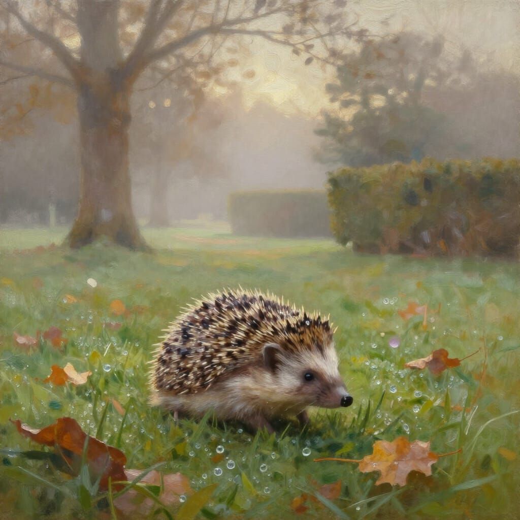Detailed Hedgehog in Misty English Park at Dawn Oil Painting