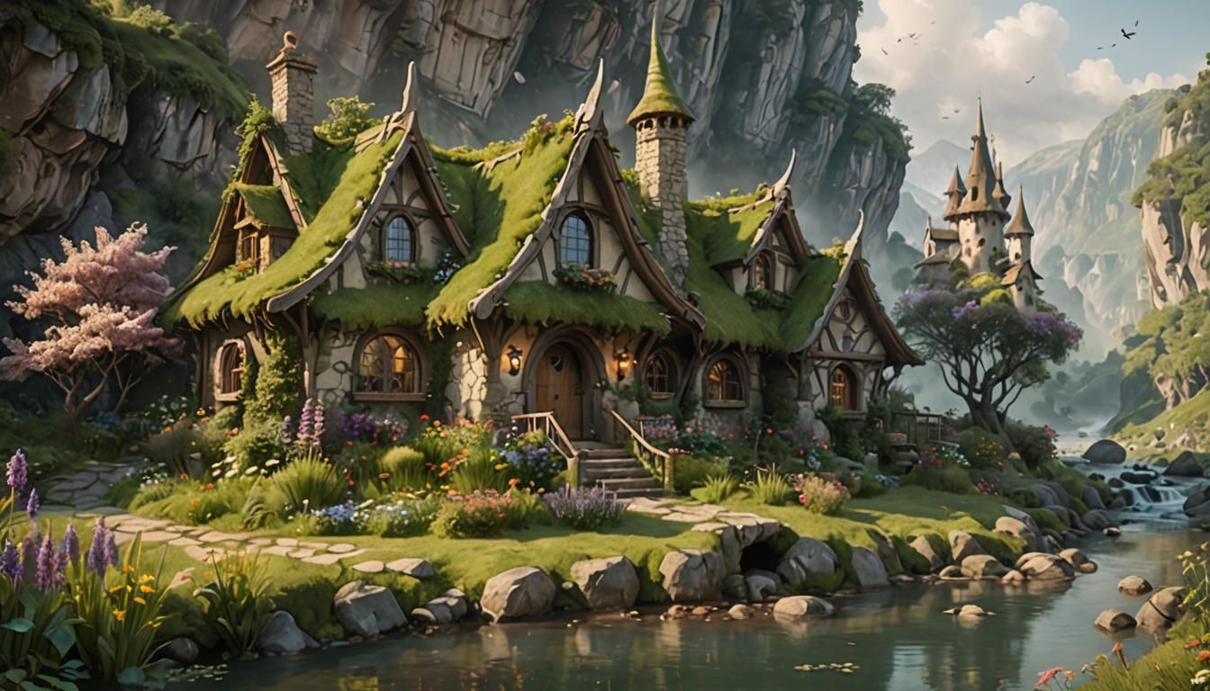 Dreamlike Elven Cottage on Cliff in Fantasy Style