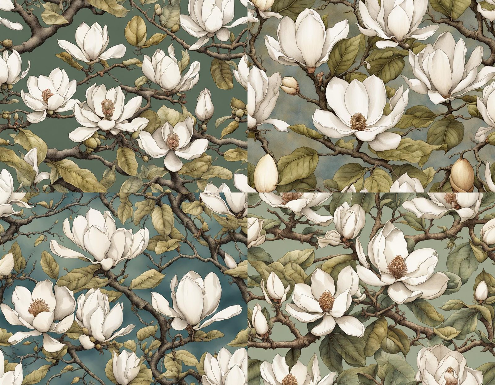 Magnolia Tree Botanical Illustration with Iridescent Highlig...