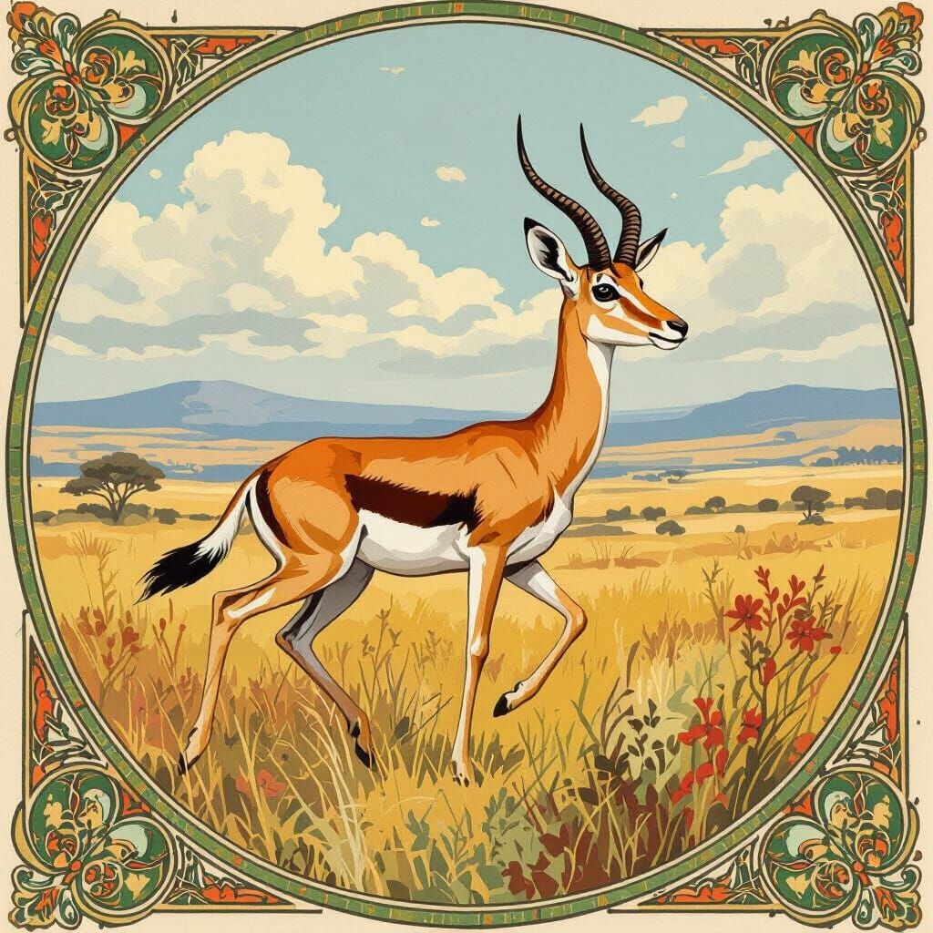 Gazelle Prancing in Savannah: Impressionist Art Nouveau Styl...