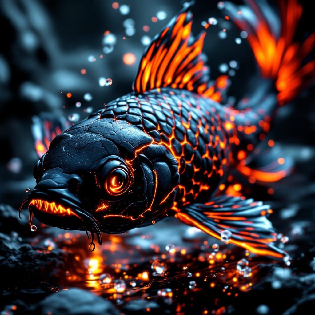 Majestic Lava Koi Fish in Crystal Fishbowl, in Epic Fantasy...