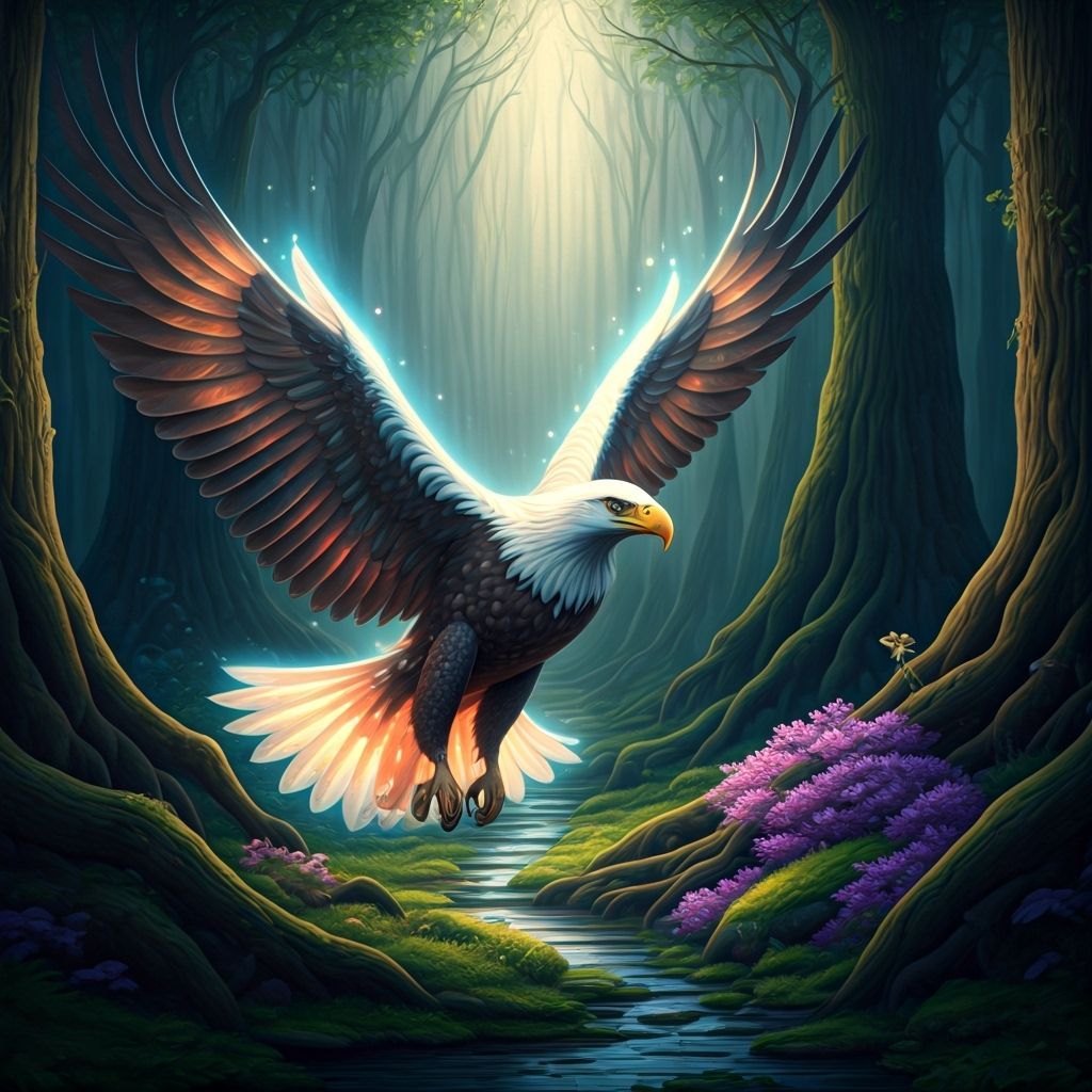 Eagle Soaring Above Magical Forest in Fantasy Art Style