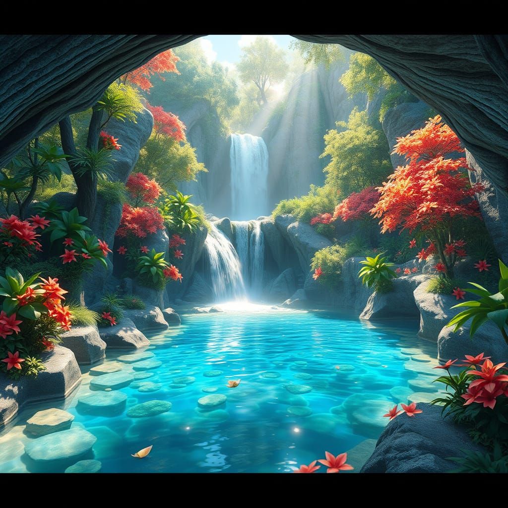 Lush Waterfall Scene in Anime Style