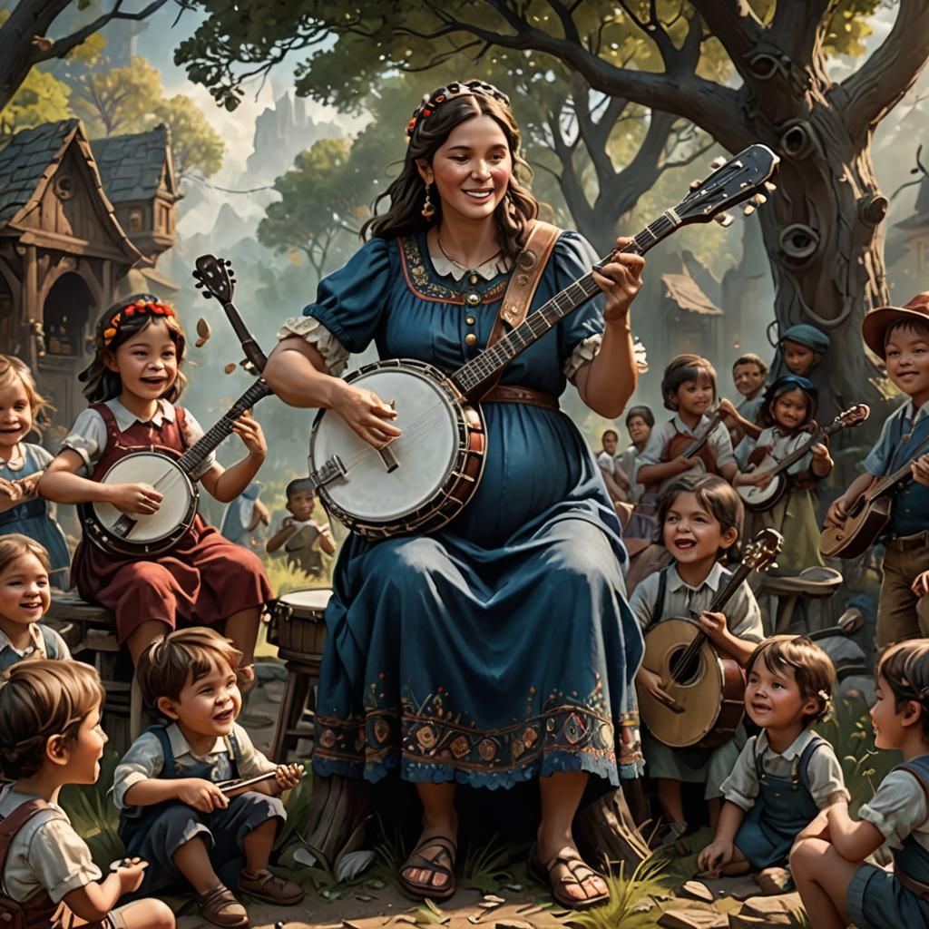 Pregnant Woman Plays Banjo in Fantasy Art Style