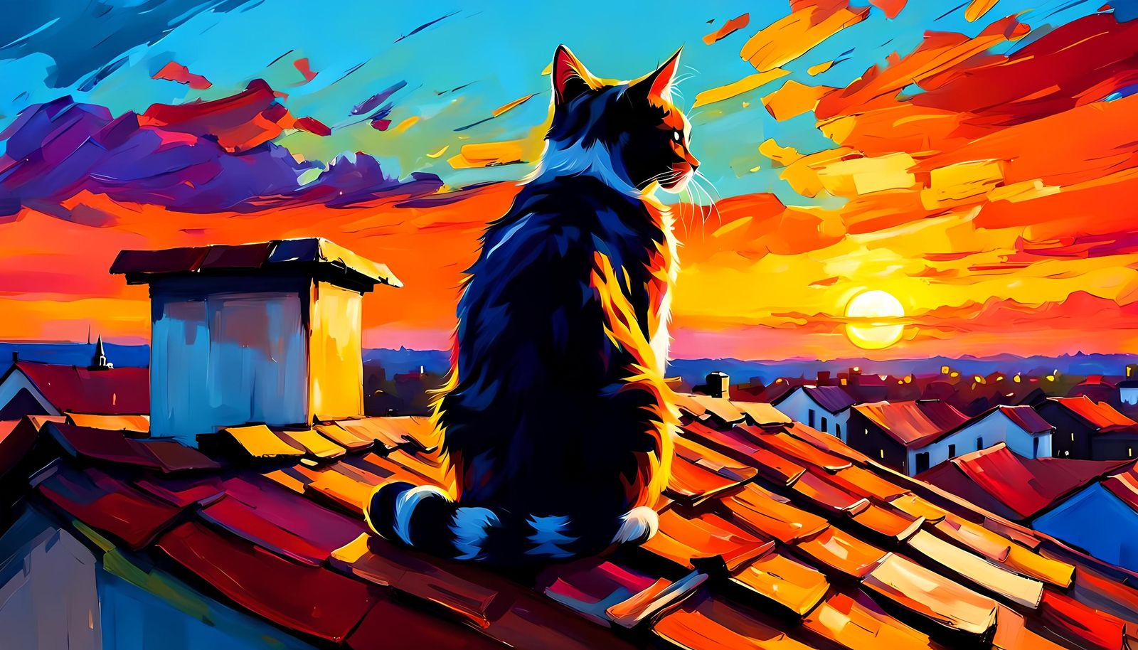 Sunset Cat on Roof in Expressionist Style