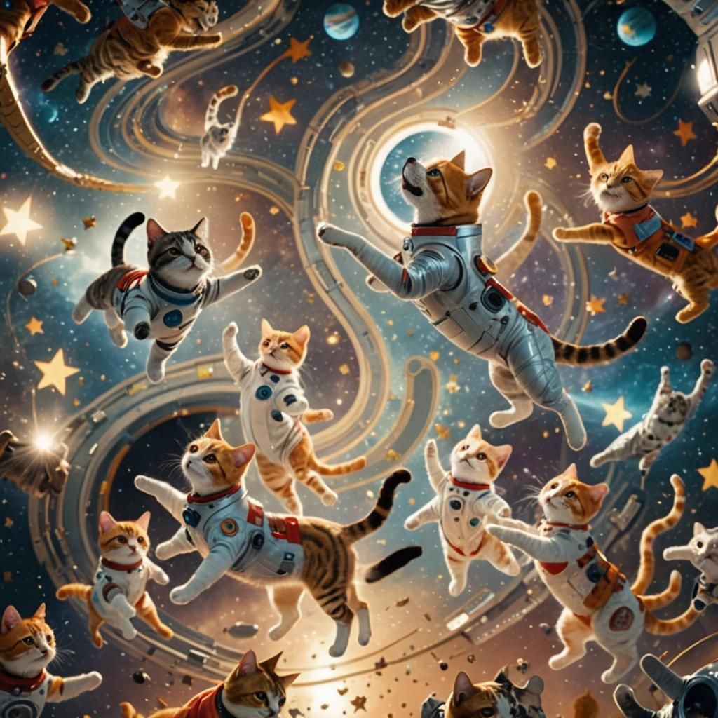 cats and dogs dancing in outer space photorealistic