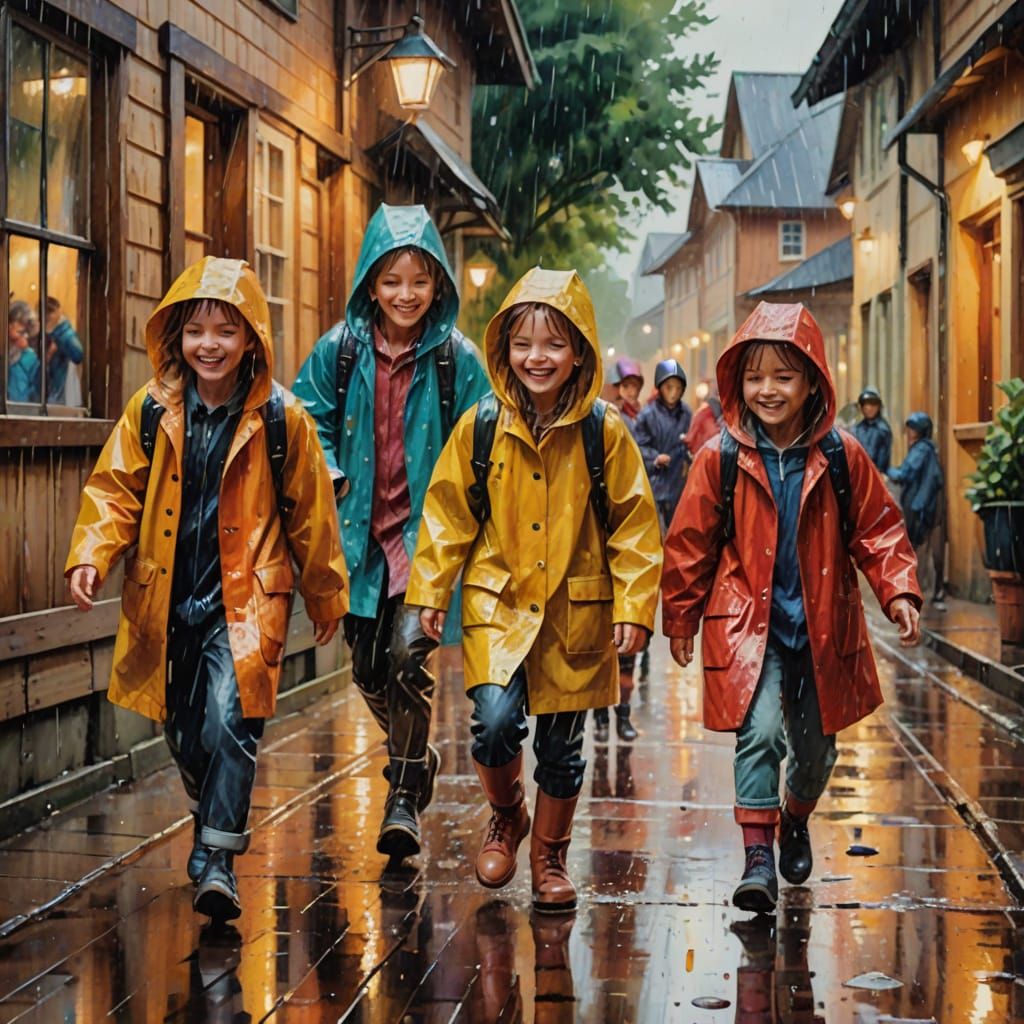 Children Playing in Rain: Watercolor Painting