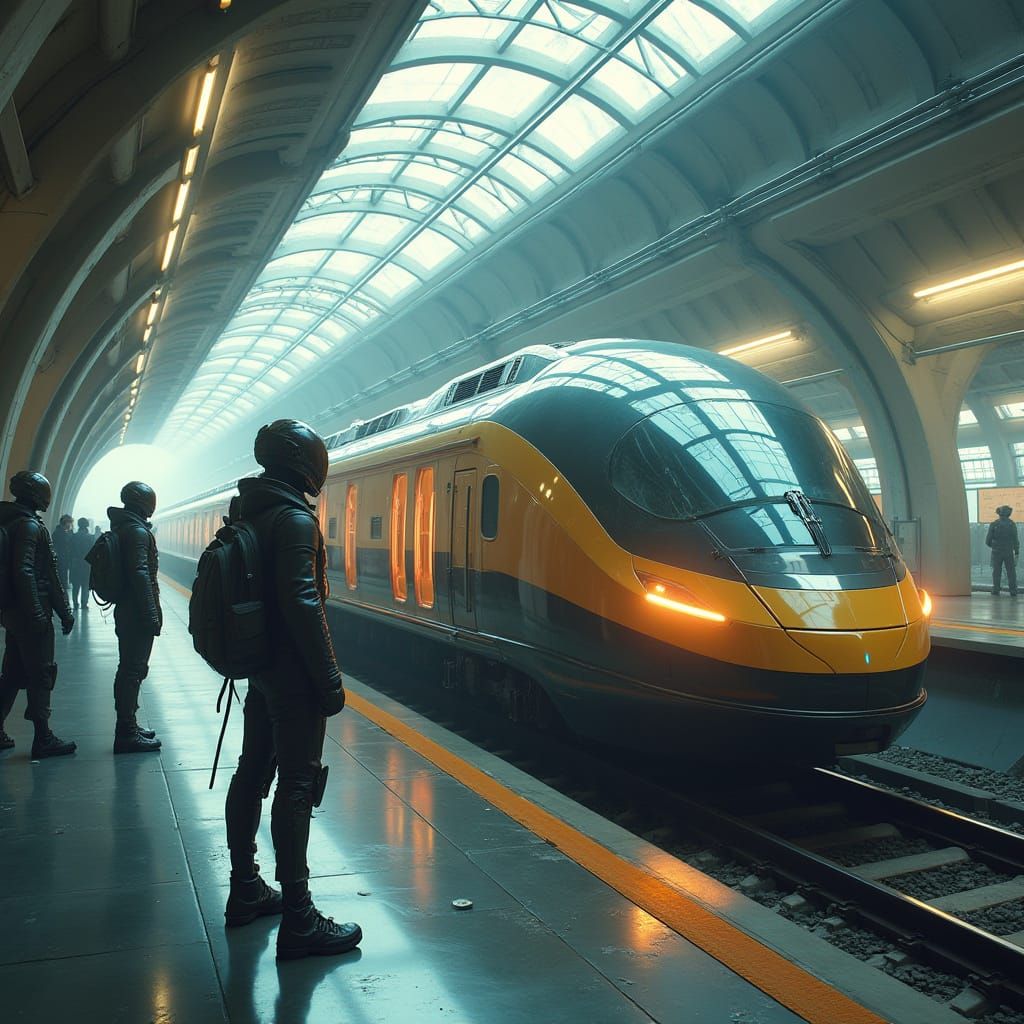 Futuristic Train Station on Alien Planet with Passengers