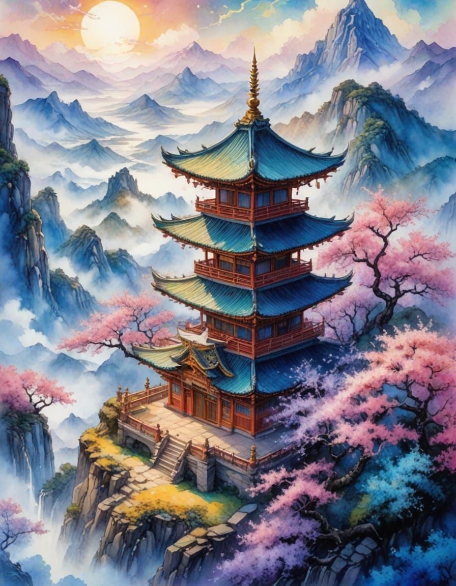 Ethereal Pagoda Landscape in Watercolor and Ink