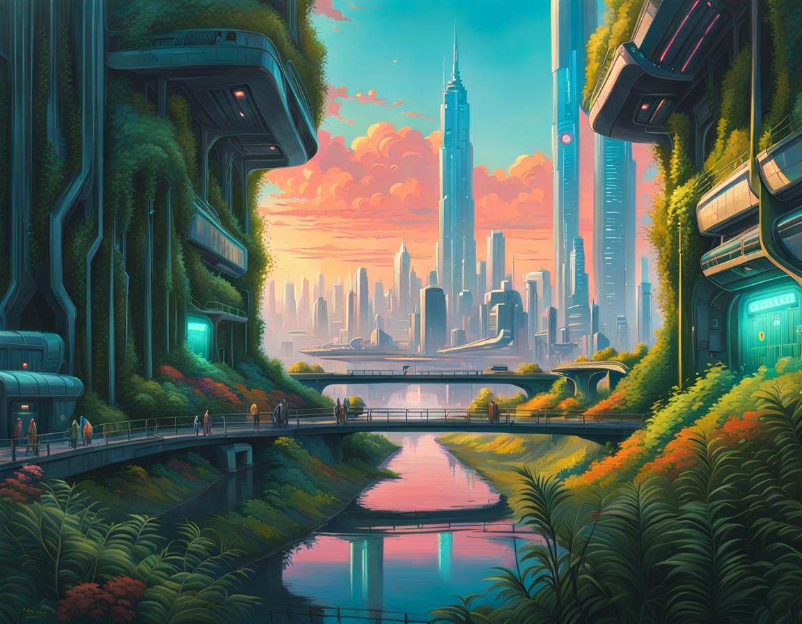 Lush Sci-Fi City Impressionism Painting
