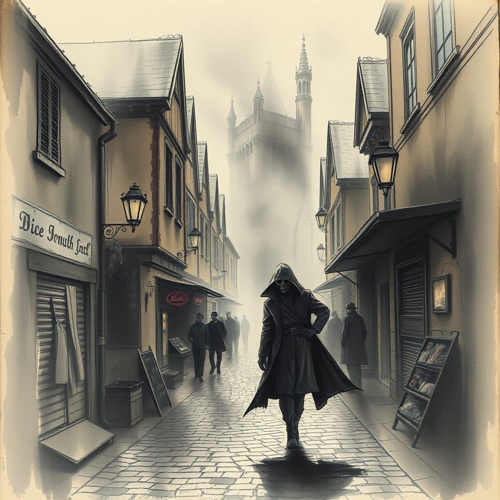 Steampunk Plague Doctor in Foggy Mont Saint Michel