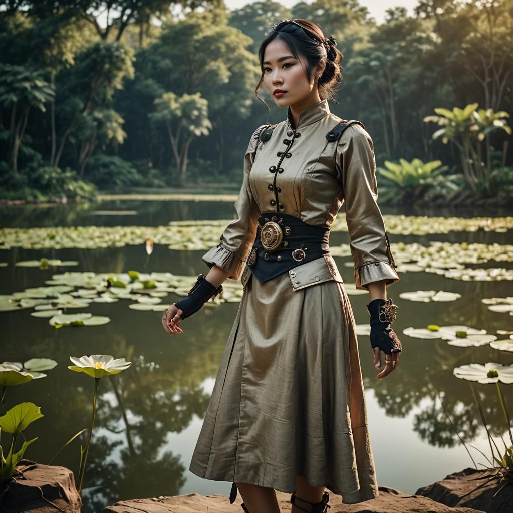 Steampunk Woman with Metal Hands at Lotus Lake