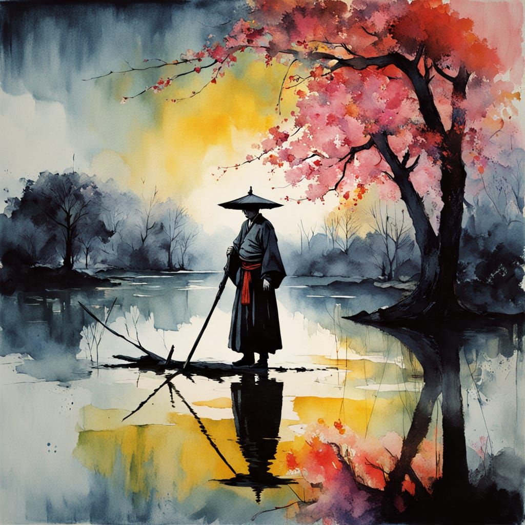 Samurai in Cherry Blossom Reflection