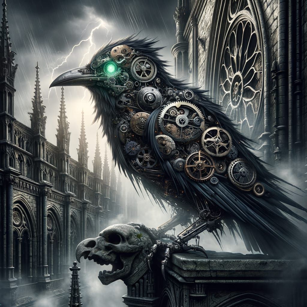 Gothic Clockwork Raven on Cathedral Gargoyle