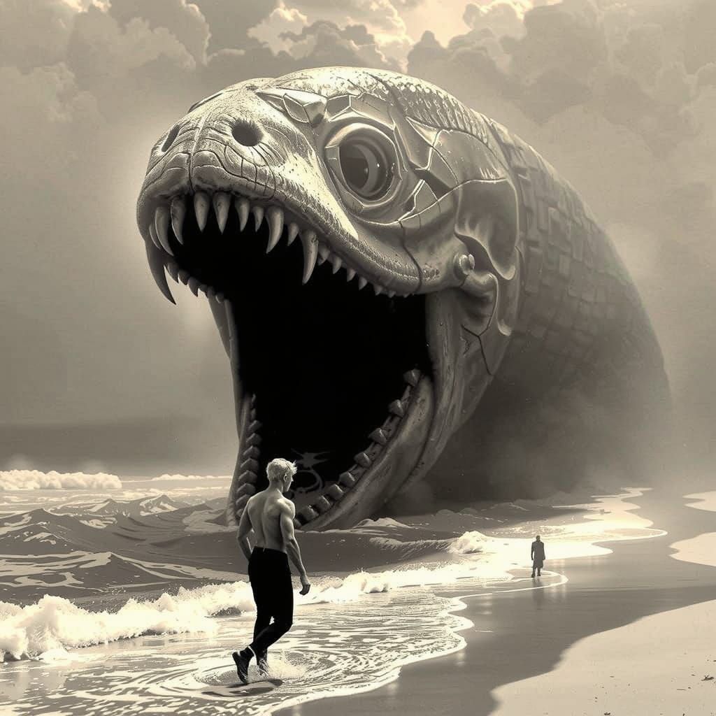 Cinematic Underwater Horror Scene in Vintage 1920s Style