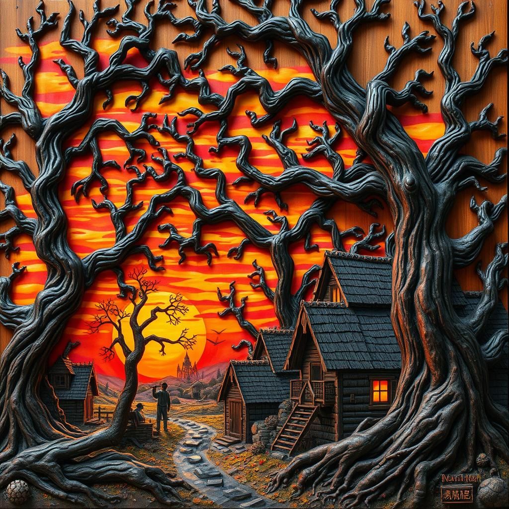 Detailed Wooden Carving of Village in Peril