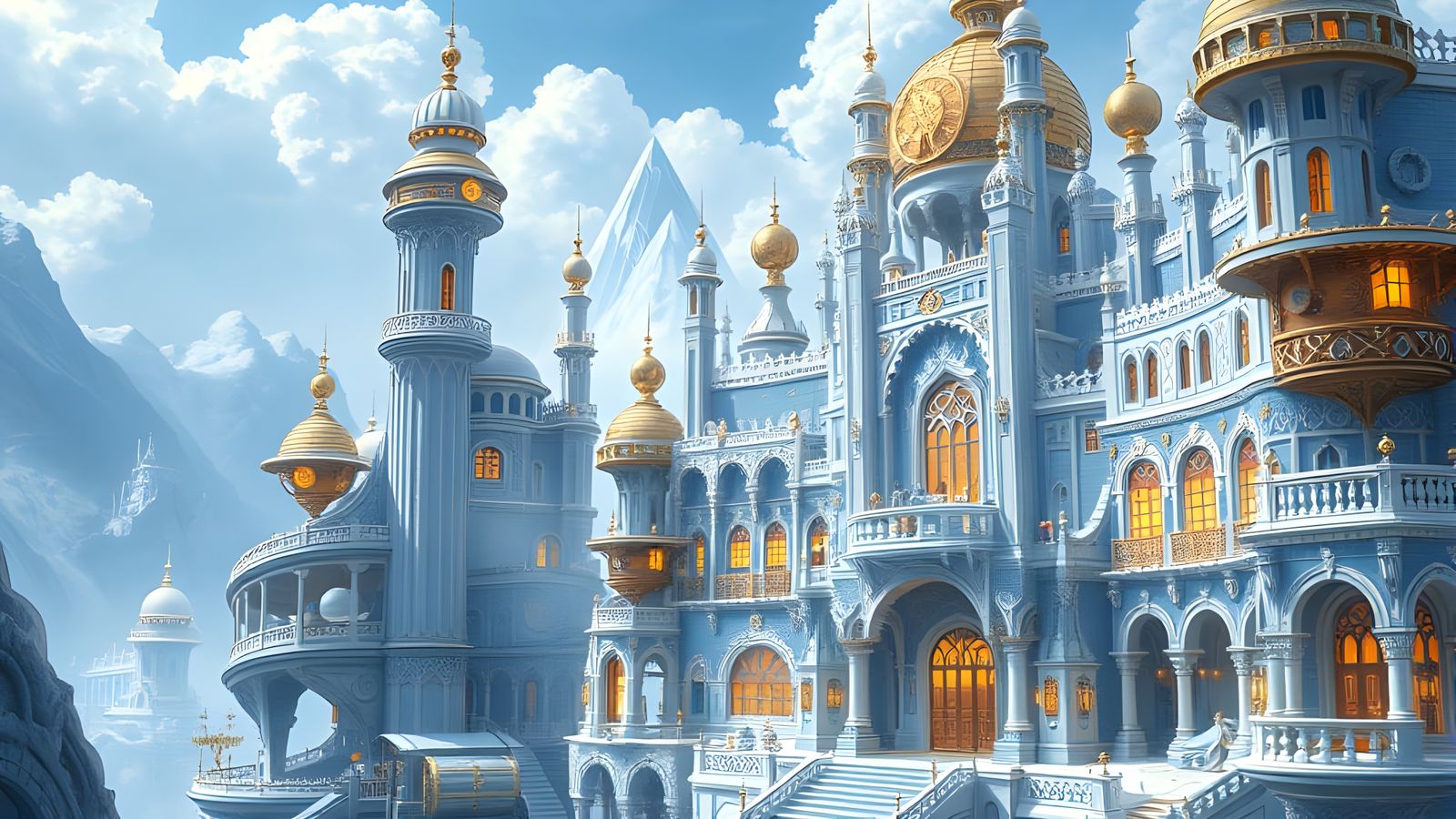 Ethereal Steampunk Metropolis Unveiled in Blue and White Spl...