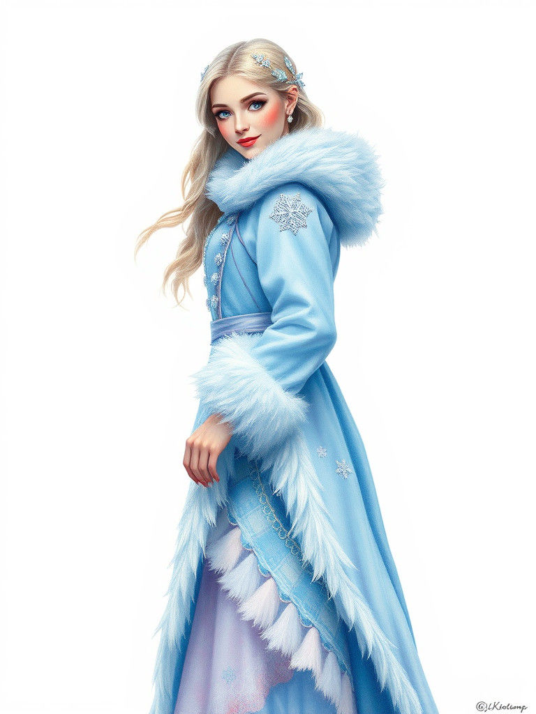 Fantasy Maiden in Winter Coat: Acrylic-Watercolor Painting