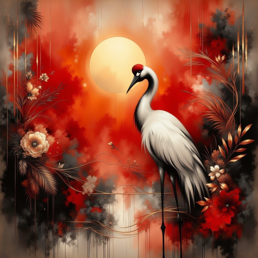 Red Crowned Crane in Abstract Romanticism Style
