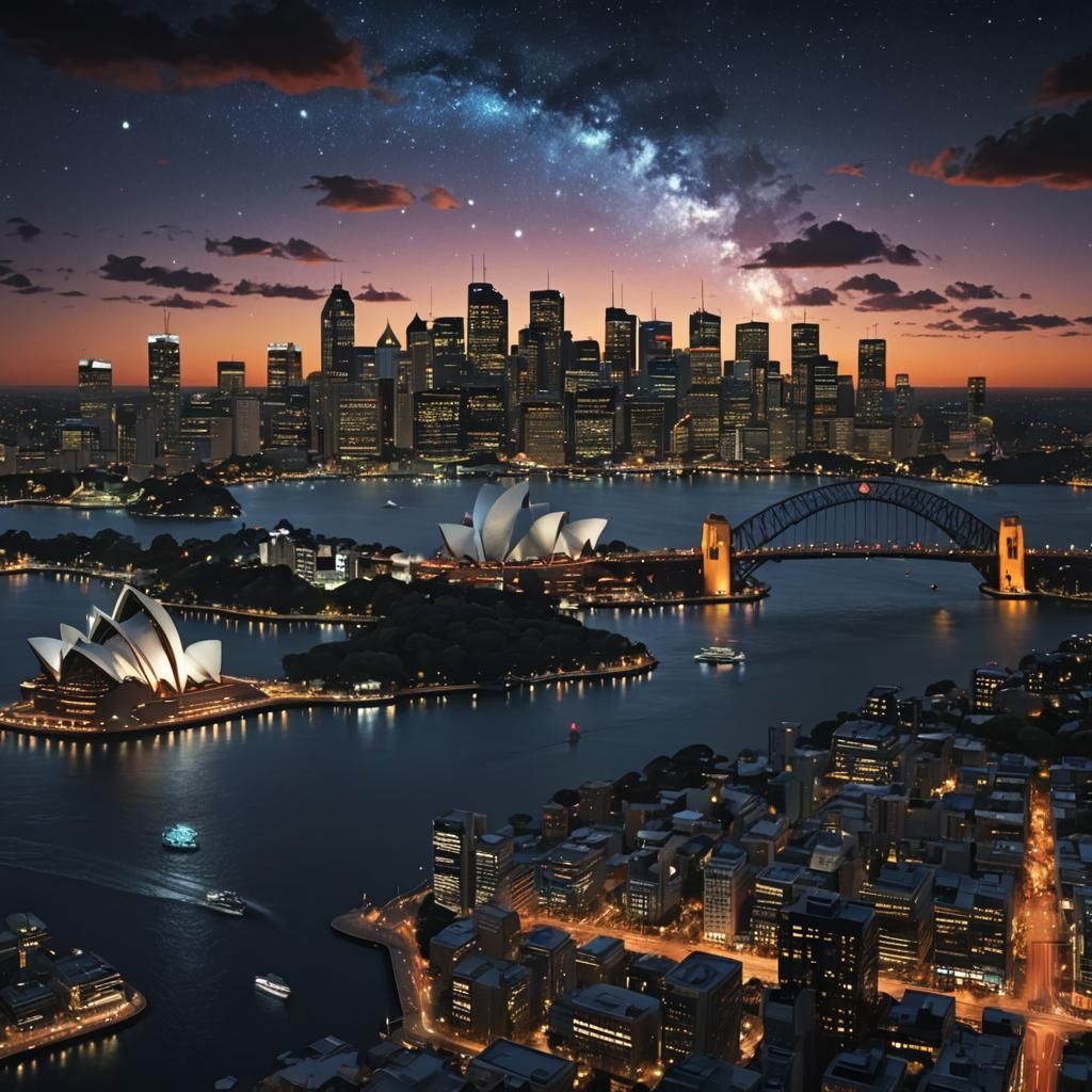 Sydney Skyline at Night: Opera House and Harbour Bridge