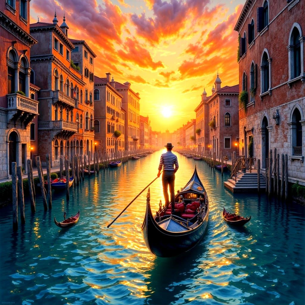 Surreal Sunset on the Venetian Canal with Gondola and Ancien...