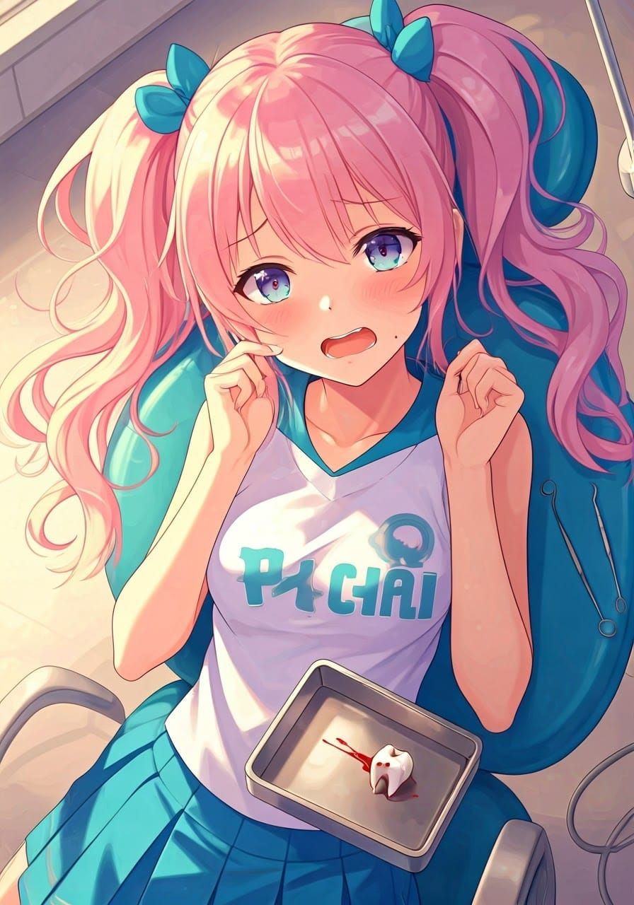 Anime Girl's Dental Agony in Manga Style
