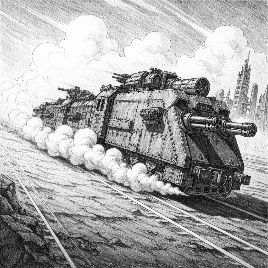 Armored Battle-Train Speeds Across Wasteland: Graphite Drawi...