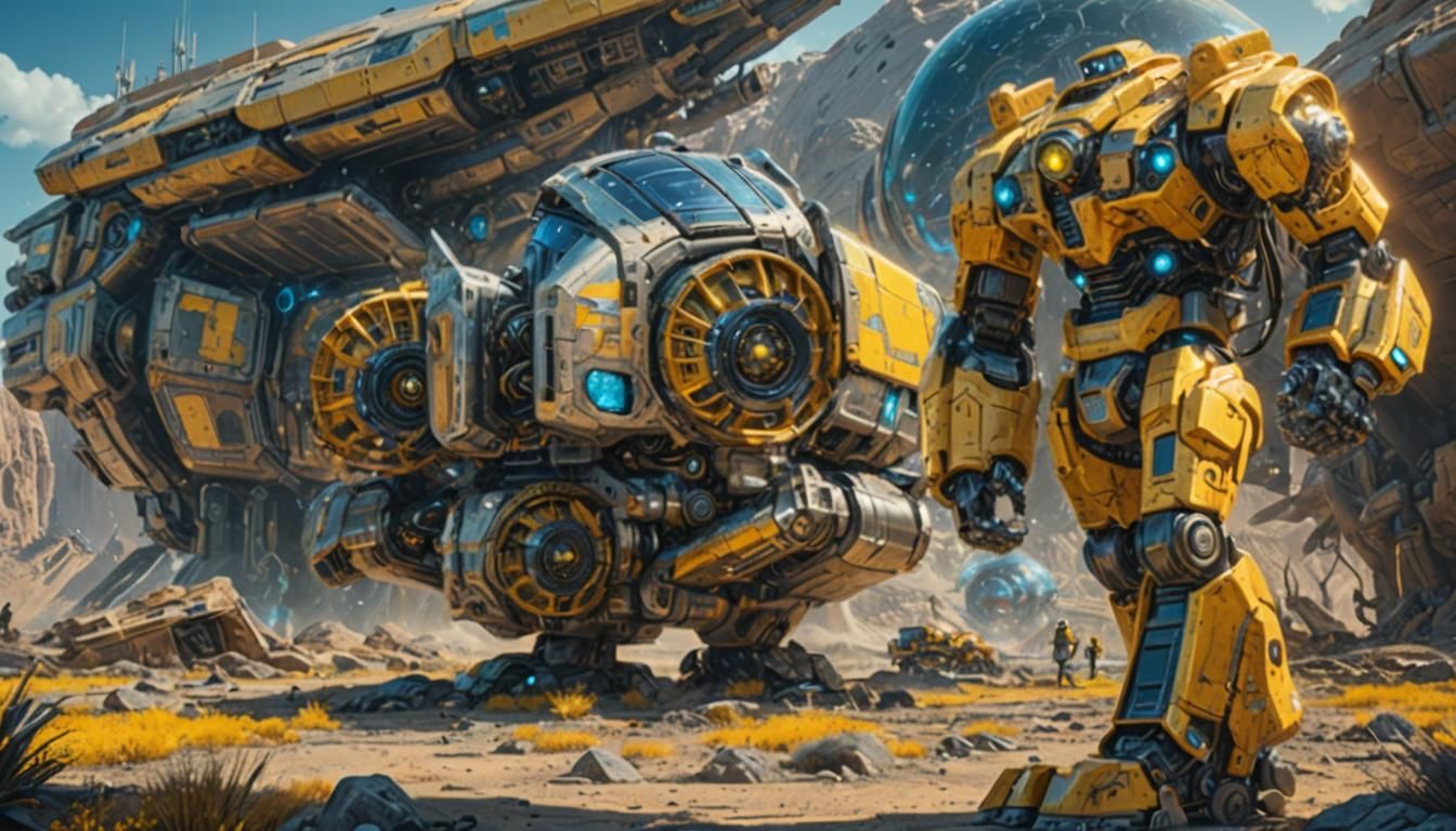 Giant Robot Patrol on Alien World in Sci-Fi Style